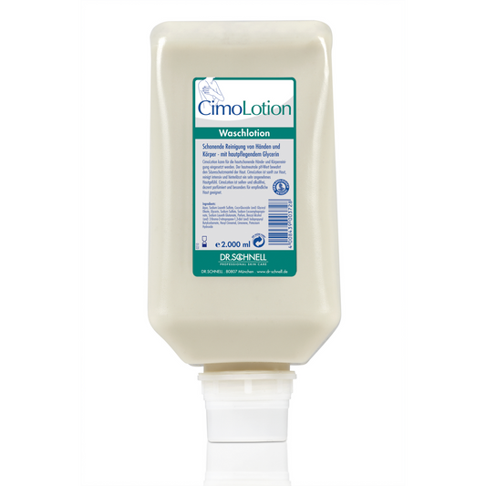 Eine rechteckige 2.000 ml cremefarbene Dr. Schnell CIMOLOTION Spenderflasche der DR.SCHNELL GmbH & Co. KGaA trägt ein blaugrünes "CimoLotion Waschlotion"-Etikett mit der Aufschrift "Hygienische Dosierung" und "Hautpflegeprodukte" in deutscher Sprache.