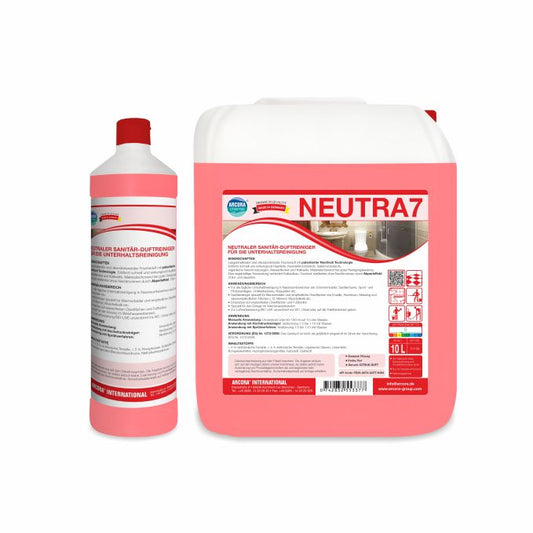Zwei Arcora NEUTRA 7-Behälter - eine hohe Flasche mit rotem Verschluss und ein großer Krug - sind abgebildet, beide mit deutschen Etiketten als "NEUTRALER SANITÄR-DUFTREINIGER FÜR DIE UNTERHALTSREINIGUNG" der Arcora International GmbH.