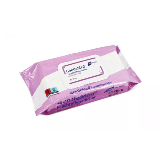 Eine rechteckige Packung Meditrade Gentle Med® Feuchtpflegetücher (80 Stück) von Meditrade GmbH, mit rosa, weißem und lila Design, ist ideal für empfindliche Haut und verfügt über einen wiederverschließbaren Kunststoffdeckel für sanfte Reinigung.