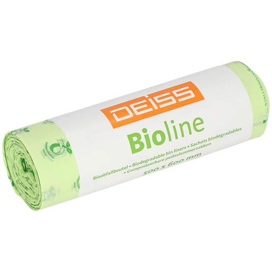 Eine Rolle EMIL DEISS KG DEISS BIOLINE Müllbeutel, Biofolie, 30L, naturfarben, 500x600x0,018 mm (20 Stück), hebt die kompostierbaren Eigenschaften für eine nachhaltige Abfallentsorgung hervor.