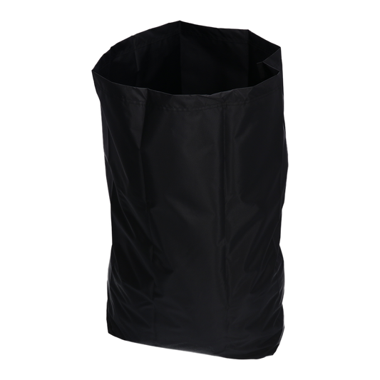 Ein großer, leerer DEISS 6508 wiederverwendbarer Abfallsack (650x870 mm, schwarz) der EMIL DEISS KG (GmbH + Co.) aus glattem, flexiblem Material steht aufrecht vor einem schlichten weißen Hintergrund.