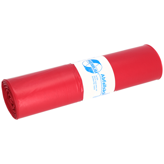 Abgebildet ist eine Rolle DEISS 11002 rote Müllbeutel (700x1100x0,06 mm, 25 Stück) der EMIL DEISS KG mit weißem Etikett und blauem Text auf weißem Hintergrund.