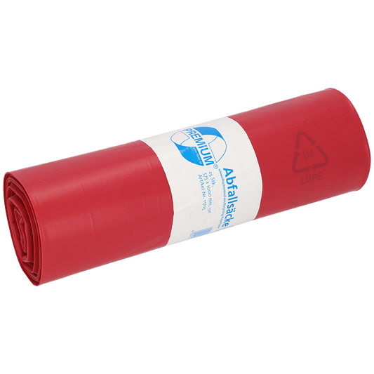 Eine Rolle roter Kunststoff-Müllsäcke der EMIL DEISS KG (GmbH + Co.), DEISS 11705 - 575x1000 mm Typ 60, ist mit einem weiß-blauen Etikett mit Text, Recycling-Informationen und der Produktbezeichnung versehen; enthält 25 Säcke pro Rolle.