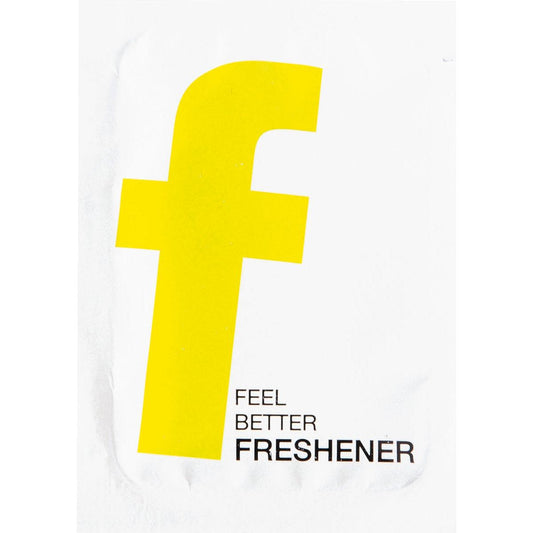 Ein fettes, gelbes "f" in Kleinbuchstaben steht mittig auf Weiß, darunter in Schwarz "FEEL BETTER FRESHENER" - perfekt für die Erfrischungstücher der Duni GmbH, 71x51 mm, neutrale Feuchttücher für unterwegs, Packung (1000 Stück).