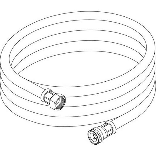 Eine schwarz-weiße Strichzeichnung des Diversey Deutschland GmbH & Co. OHG Schlauch zu J2000 mit Schnellkupplung, mit Gewindeanschlüssen an beiden Enden und einer Schnellkupplung, dargestellt aus einem leicht erhöhten Winkel.