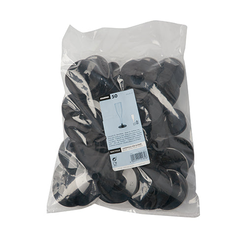 Eine durchsichtige Plastiktüte enthält 50 Starpak schwarze PS-Unterteile (Ø 6,55 cm, Höhe 2,05 cm) für Stielgläser. Das Etikett zeigt ein Glas mit Unterteil sowie Produkt- und Mengenangaben.