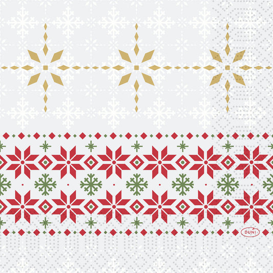 Gemusterte Servietten 33x33 3lagig 1/4 Tradition von Duni GmbH: goldene, rote und grüne geometrische Schneeflocken und Motive auf Weiß mit hellen Schneeflocken-Akzenten. Packung mit 250 Stück.