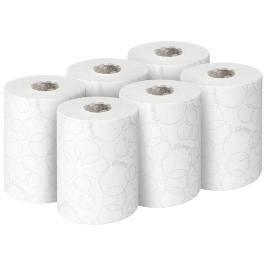 Sechs weiße Rollen Kleenex® Ultra™ Slimroll™ Handtücher von Kimberly-Clark GmbH sind in zwei Dreierreihen - ideal für schmale Spendersysteme - vor einem schlichten weißen Hintergrund angeordnet.
