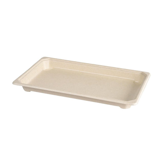 Das Sushi & Deli Tray Large von Duni GmbH ist ein braunes, rechteckiges Bagasse-Tablett mit PLA-Beschichtung (237x145x22mm), erhöhten Kanten und kurzen Füßen, abgebildet auf weißem Hintergrund. Packung mit 110 Stück.