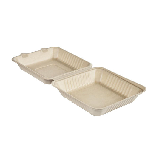 Die Clamshell 1200 ml - unbeschichtet Braun Bagasse 236x231x81 von Duni GmbH ist ein beiger, rechteckiger, kompostierbarer Lebensmittelbehälter mit zwei gerippten Fächern - ideal für umweltfreundliche Verpackung. Erhältlich in Packungen zu 50 Stück.