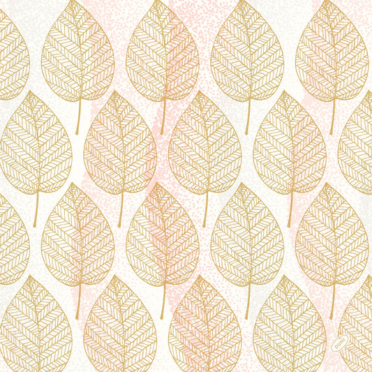 Ein nahtloses Muster aus goldumrandeten Blättern mit detaillierten Adern auf weißen und rosafarbenen Akzenten ziert die Bio-Dunisoft-Servietten 40x40cm der Duni GmbH und schafft einen sauberen, dekorativen Look, der ideal für den umweltfreundlichen Gebrauch ist.