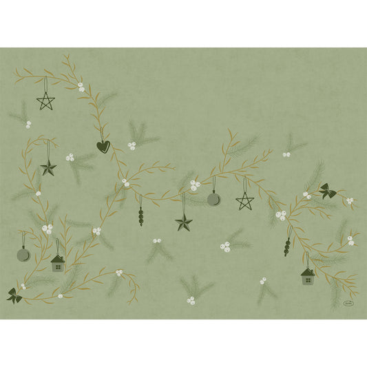 Die Bio-Dunicel-Sets 30x40 Noel pistazie der Duni GmbH zeigen dekorative Zweige mit Ornamenten, Sternen, Herzen, Vogelhäuschen und weißen Beeren auf einem gedeckten grünen Hintergrund - perfekt für eine elegante, nachhaltige Tafel. Packung (100 Stück).