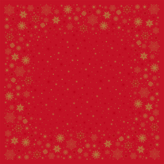 Ein roter Hintergrund mit einer goldenen Schneeflocken- und Sternenbordüre hebt Ihre Dunisilk(Plus)-Mitteldecke 84x84 von Duni GmbH hervor. Die meist klare Mitte mit goldenen Punkten ist ideal für festliche, wasserabweisende Tischdekoration.