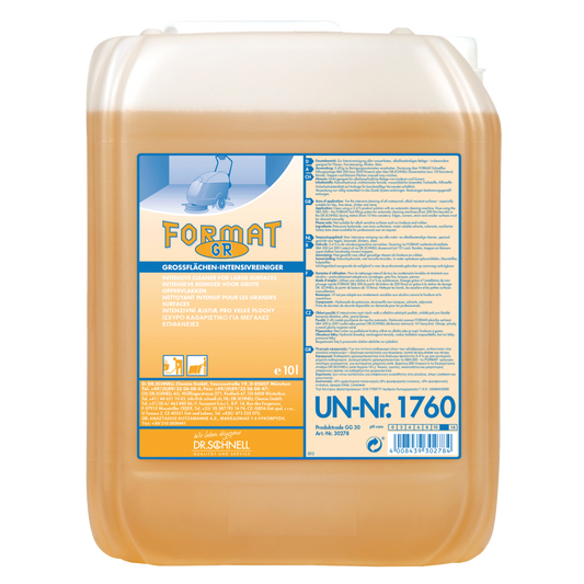 Ein 10-Liter-Behälter aus transluzentem Kunststoff von Dr. Schnell FORMAT GR 1 der DR.SCHNELL GmbH & Co. KGaA, gefüllt mit gelb-orangem Reiniger. Das deutsche Etikett enthält Produktangaben, Sicherheitsinformationen und die UN-Nummer 1760.