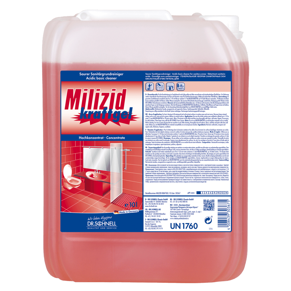 Un recipient mare și transparent din plastic de la Dr. Schnell MILIZID Kraftgel, detergent pentru sanitare (acid, pentru curățarea în profunzime) de la DR.SCHNELL GmbH & Co. KGaA, conținând un lichid roșu și instrucțiuni în limba germană pentru îndepărtarea depunerilor minerale.