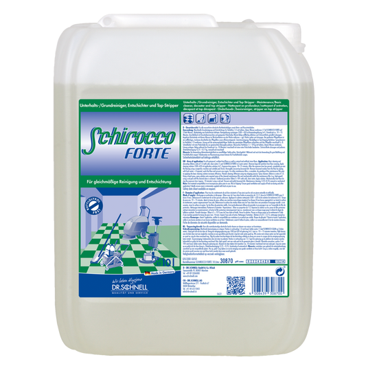 Ein großer durchsichtiger Kunststoffbehälter mit der Aufschrift "Dr. Schnell SCHIROCCO FORTE" der DR.SCHNELL GmbH & Co. KGaA, mit grünem und weißem Branding, Reinigungsgrafik, Spezialreiniger-Anleitung für die professionelle Reinigung, einem Griff und einem Schraubverschluss.