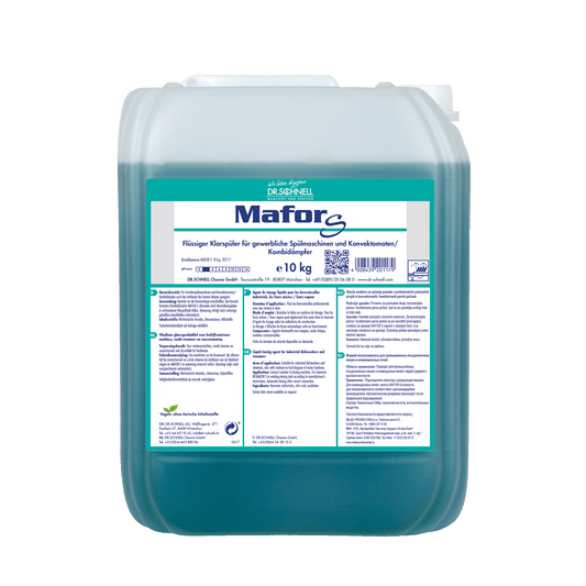 Ein 10 kg durchsichtiger Kunststoffbehälter der DR.SCHNELL GmbH & Co. KGaA Dr. Schnell MAFOR EVO S Klarspüler für Geschirrspülmaschinen, blau-grüne Flüssigkeit mit deutschem Etikett, zur streifenfreien Trocknung und effektiven Kalkverhinderung.