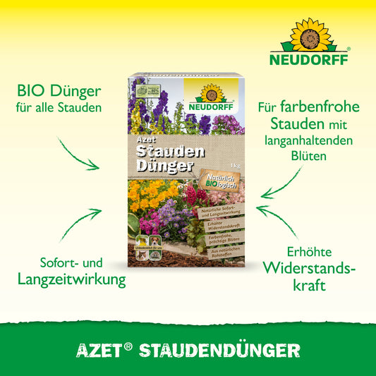 Eine Packung Azet StaudenDünger von Neudorff Shop steht auf Gras, umgeben von Pfeilen, die Vorteile wie langanhaltende Wirkung, kräftige Blüten und robuste Stauden auf Deutsch hervorheben.
