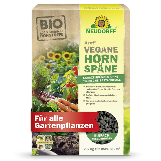 Eine 2,5-kg-Packung Azet Vegane Hornspäne von Neudorff Shop zeigt Gemüse und Pellets auf der Verpackung und betont als veganer, organischer Dünger reichhaltige Ernten und gesundes Wachstum für Gartenpflanzen.