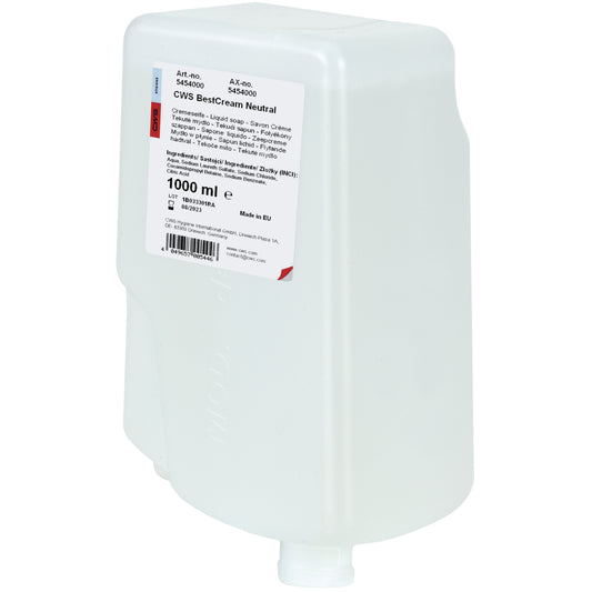Ein weißer 1000-ml-Kunststoffbehälter von CWS Seifencreme BestCream Neutral für empfindliche Haut, beschriftet mit Inhaltsstoffen und Details. Die Flasche hat zwei Ausgießer am Boden und ist vor einem schlichten weißen Hintergrund abgebildet.