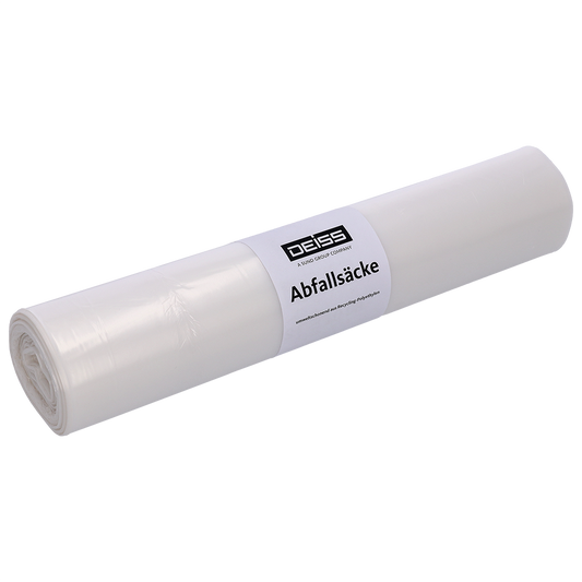 Abgebildet ist eine Rolle EMIL DEISS KG-Müllbeutel DEISS 59001 (700x1100 mm Typ 20 transparent, 50 Stück) auf weißem Hintergrund - perfekt für die Verpackung und die praktische Abfallentsorgung im praktischen, transparenten Rollendesign.