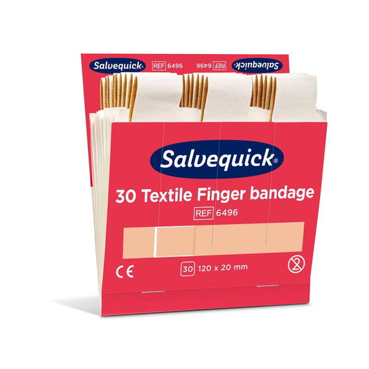 Eine geöffnete rote Schachtel von Orkla Wound Care AB mit der Aufschrift "Textil fingerbinde, 120 x 20 mm, 30 st/nachfüllung | Packung (6 Stück)" zeigt im Inneren beige Binden. Auf der Verpackung sind Größenangaben und verschiedene Produktsymbole abgebildet.