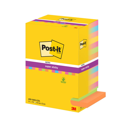 Eine Packung Post-it® Super Sticky Notes von 3M Deutschland GmbH, in verschiedenen Farben (76 x 127 mm, 90 Blatt/Block, 16 Blöcke), PEFC-zertifiziert - ideal für Erinnerungen mit starker Haftung und bunten Reitern zur einfachen Organisation.