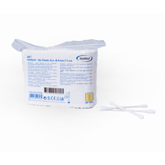 MaiMed -Tip Classic ECO (cap mic) tampoane de bumbac nonsterile, baton de carton, 200 buc/punga | Pachet (200 bucăți)
