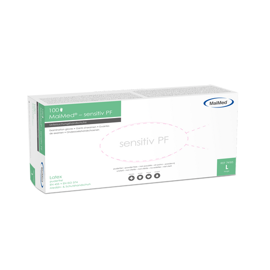 Mănuși de examinare din latex sensibile la MaiMed, nesterile, fără pudră, 100 bucăți/cutie