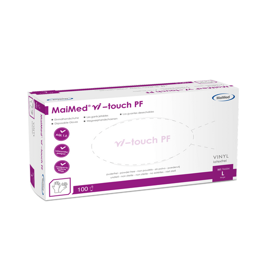 Mănuși de vinil de unică folosință MaiMed vi-touch, fără pudră, 100 bucăți/cutie