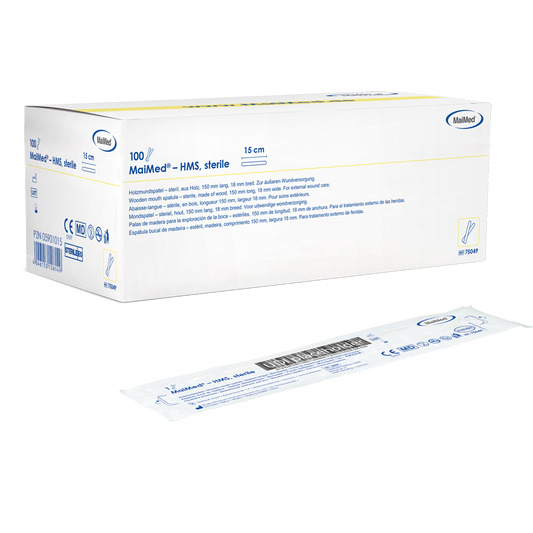 MaiMed - Depresor bucal din lemn steril HMS, lungime 15cm, 100x1 buc. ambalat steril | Cutie (100 bucati)