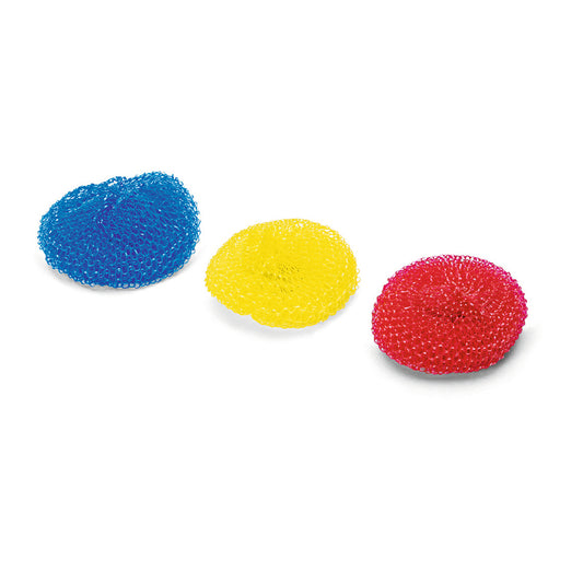 Das Nölle Profi Brush Topfreiniger 3er-Pack enthält drei runde Kunststoff-Mesh-Schrubber (6 g) in Blau, Gelb und Rot - ideal zur Haushaltsreinigung. Marke: Nölle Profi Brush Bürsten- & Pinseltechnik e.K.