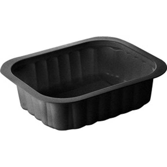 Ein Duni GmbH PP-Schälchen Schwarz PP 138x114 mit gerippten Seiten und flachem Rand, schwarz und rechteckig, dargestellt in einer schrägen Draufsicht vor weißem Hintergrund.