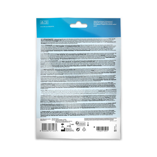 Die Abbildung zeigt die Rückseite einer 3M™ Partikelmaske 9623 (1 Stück, 3/Packung) von 3M Deutschland GmbH mit blau-weißem Design, Aufhängeloch, mehrsprachigem Text, Symbolen und Barcodes.