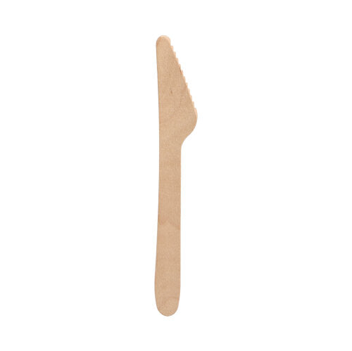 Ein einzelnes PAPSTAR Messer aus FSC® Holz "pure", 16,5 cm mit geradem Griff und leicht gezahntem Rand von PAPSTAR GmbH, umweltfreundlich, wird vor weißem Hintergrund gezeigt.