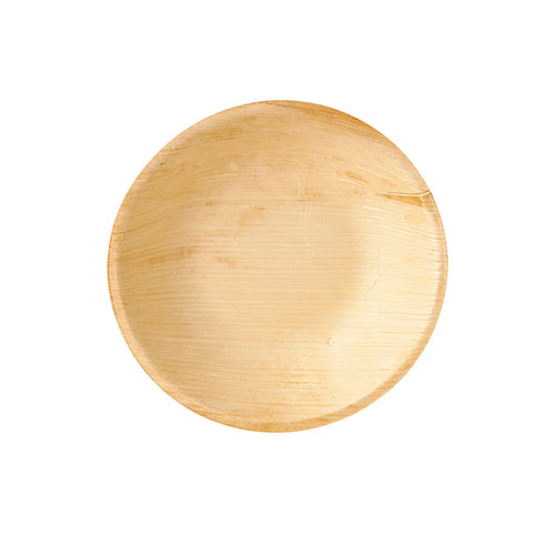 Eine runde, flache PAPSTAR Palmblatt Schale (17,5 cm, 6er Set), umweltfreundlich, mit glatter Oberfläche von oben vor weißem Hintergrund fotografiert.