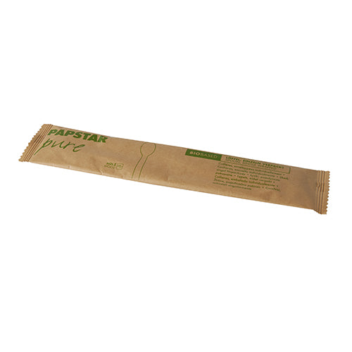 Ein einzeln verpackter 16cm Holzlöffel aus dem Set „PAPSTAR 50 Löffel, Holz pure“, hygienisch im Papierbeutel – ideal für Veranstaltungen. Marke: PAPSTAR GmbH.