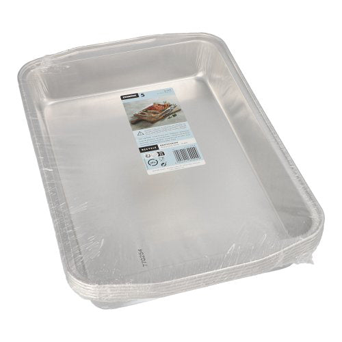 Eine Packung mit fünf rechteckigen Starpak-Aluminium-Bratschalen (3,15 l, 5 × 25 × 36,6 cm, Silber), eingewickelt in durchsichtige Schrumpffolie, mit einem oberen Etikett mit Gebrauchsanweisungen und einem Lebensmittelbild.