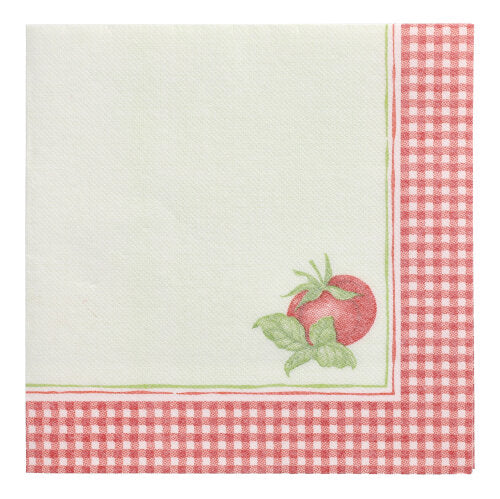 Die PAPSTAR 50 Servietten "ROYAL Collection" 1/4-Falz 40 x 40 cm der PAPSTAR GmbH ist mit einer rot-weiß karierten Bordüre, einer kleinen Tomaten-Illustration und einem reinweißen Mittelpunkt versehen, der das hochwertige Design unterstreicht.