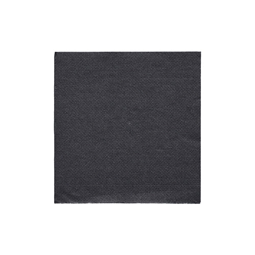 Eine einzelne PAPSTAR Serviette 1/4-Falz, 24x24 cm schwarz aus der "DAILY Collection" (20 Stück), von PAPSTAR GmbH, wird vor weißem Hintergrund präsentiert - ideal für stilvolle Tischdekorationen.