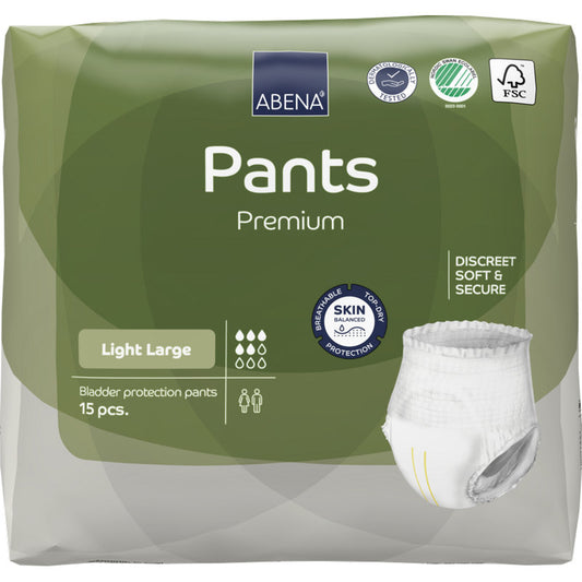 Eine 15-teilige Packung ABENA Pants Light von Abena Re-Seller GmbH, große Größe, mit grüner Verpackung zum Schutz der Haut und weichem, sicherem Sitz - die ideale Einweghose für diskreten Blasenschutz.