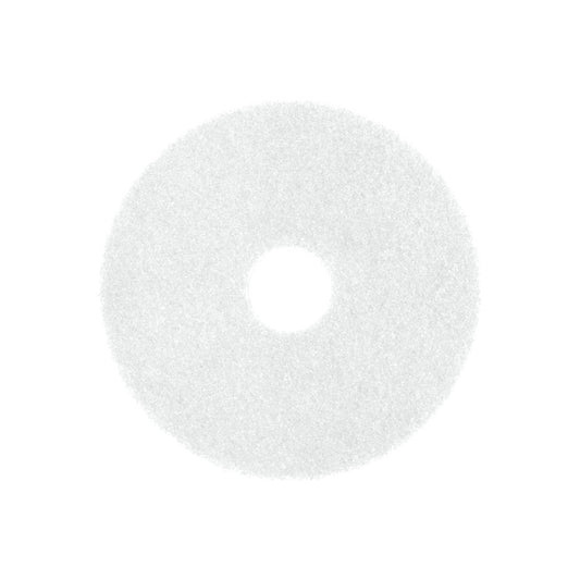 Ein weißes, rundes Arcora Superpad Weiss der Arcora International GmbH, das zum Trockenpolieren bis 400 U/min oder zum Auftragen von Wachsen/Ölen auf Parkett/Kork konzipiert ist, wird mit einem zentralen Loch auf einem schlichten weißen Hintergrund gezeigt.