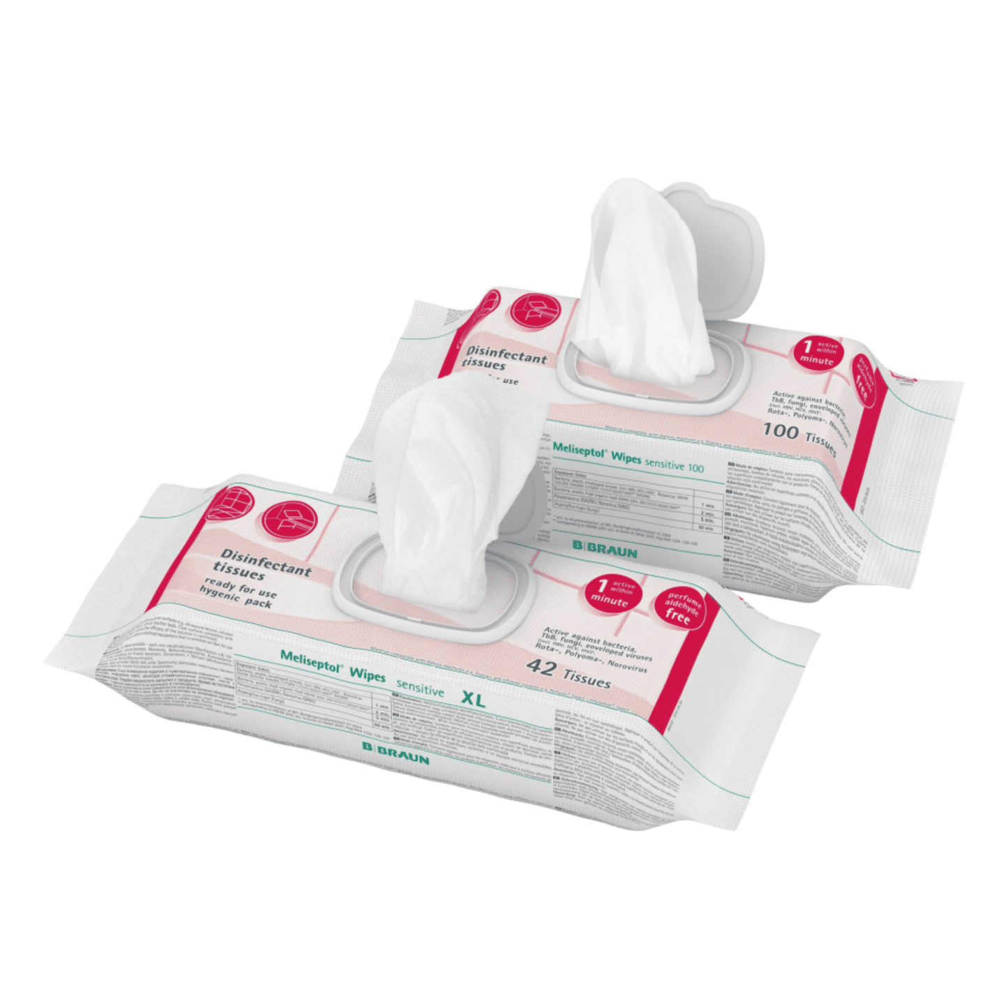 Se vor folosi două pachete B. Braun Șervețele dezinfectante Meliseptol® Wipes sensitive. Primul pachet, oferit de B. Braun Deutschland GmbH & Co. KG, conține 100 de șervețele, iar al doilea pachet, marcat cu XL, conține 42 de șervețele. Ambele pachete sunt albe și imprimate cu text și logo-uri. Perfecte pentru dezinfectarea rapidă, fiecare pachet are un șervețel parțial scos pentru acces ușor.