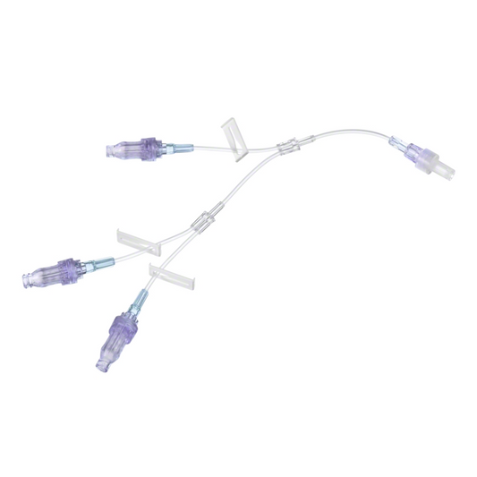 Das B. Braun Caresite® Kleinlumiges Y-Verlängerungsset mit 3 Caresite® verfügt über transparente, verzweigte Schläuche mit violetten Konnektoren und drei Luer-Lock-Anschlüssen. Es ist mit nadelfreien Infusionsleitungen kompatibel und für die intravenöse Therapie im medizinischen Bereich konzipiert.