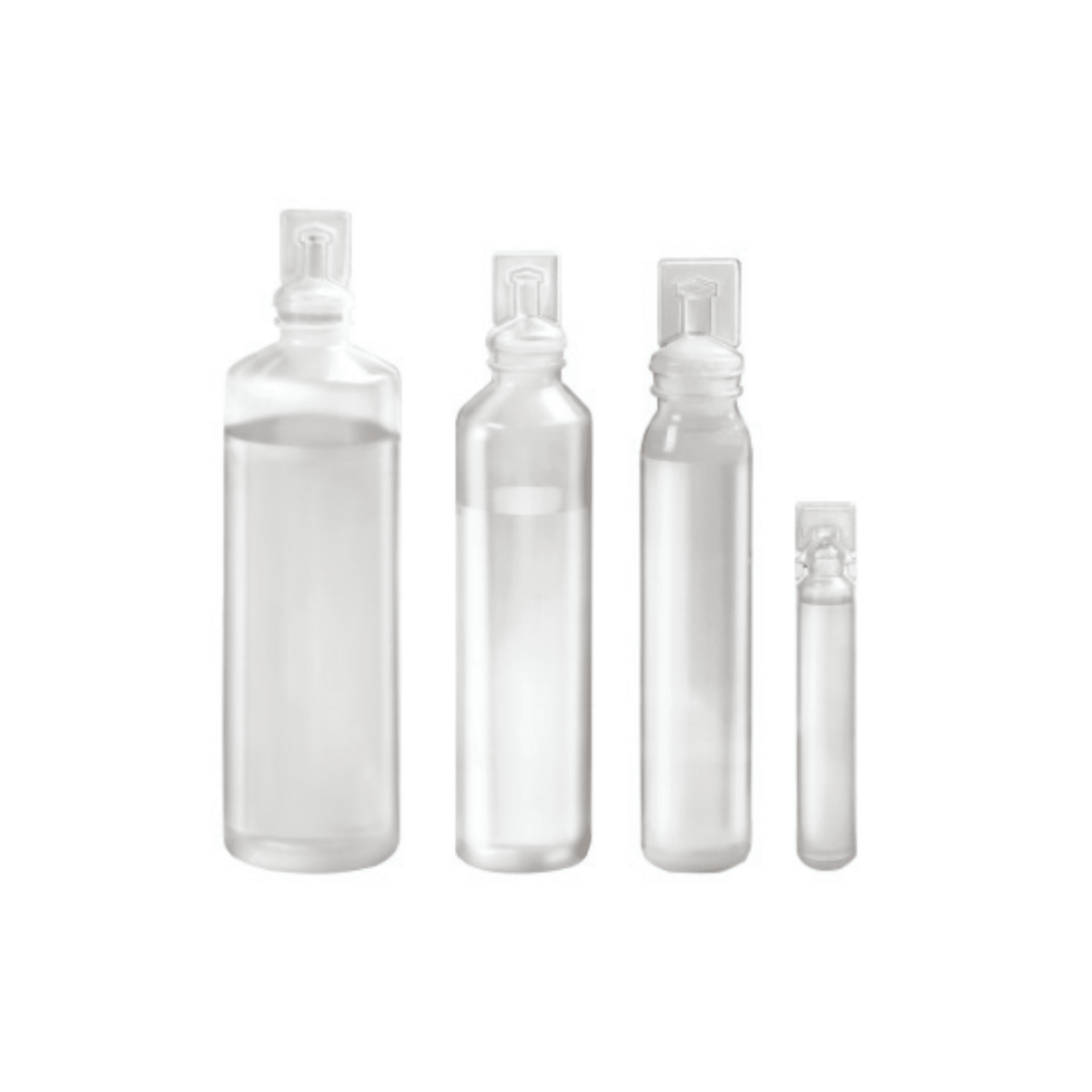 Patru transparente B. Braun NaCl 0,9% Ecolav® Soluție de clătire topică – flacoane, fabricată de B. Braun Deutschland GmbH & Co. KG, sunt dispuse în ordine descrescătoare, de la cea mai mare la cea mai mică. Fiecare sticlă este concepută pentru o soluție de NaCl de 0,9% și are un capac plat, sigilat, cu un design minimalist, fără etichete sau marcaje vizibile.