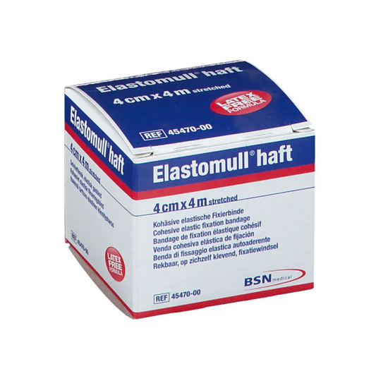 Eine Schachtel BSN Elastomull® haft, eine elastische Fixierbinde mit latexfreiem Polymer. Die Verpackung ist weiß mit blauem und rotem Text, die Größe ist mit 4 cm x 4 m gedehnt angegeben, Etikett von BSN Medical GmbH.