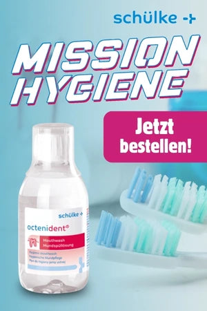 Werbung für das Produkt 'Octident' von schülke+, einem Mundwasser zur hygienischen Mundpflege. Auf dem Bild ist eine Flasche des Produkts zu sehen, daneben liegen Zahnbürsten mit blauen und grünen Borsten. Der Text 'MISSION HYGIENE' und 'Jetzt bestellen!' sind ebenfalls abgebildet.