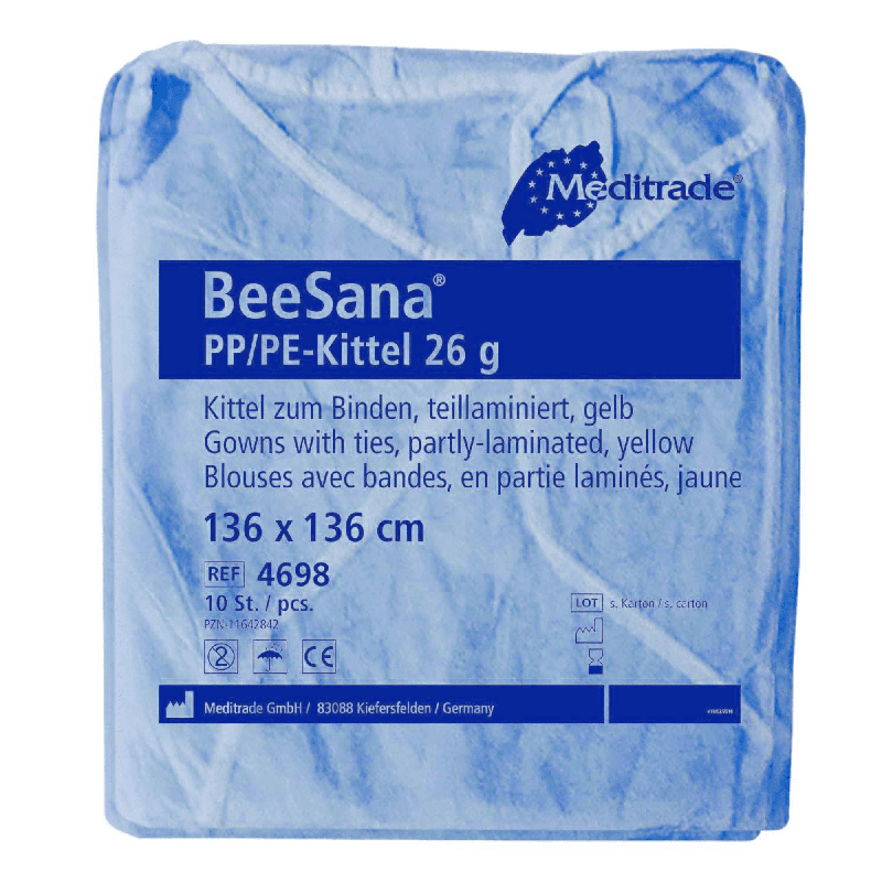 Un halat Meditrade BeeSana® din PP/PE, de 26 g, ambalat într-un pachet albastru, conținând 10 bucăți, pe care este imprimat un text cu detalii despre produs, precum materialul, culoarea, mărimea și cantitatea din pachet. Acest halat este conceput ca echipament de protecție.