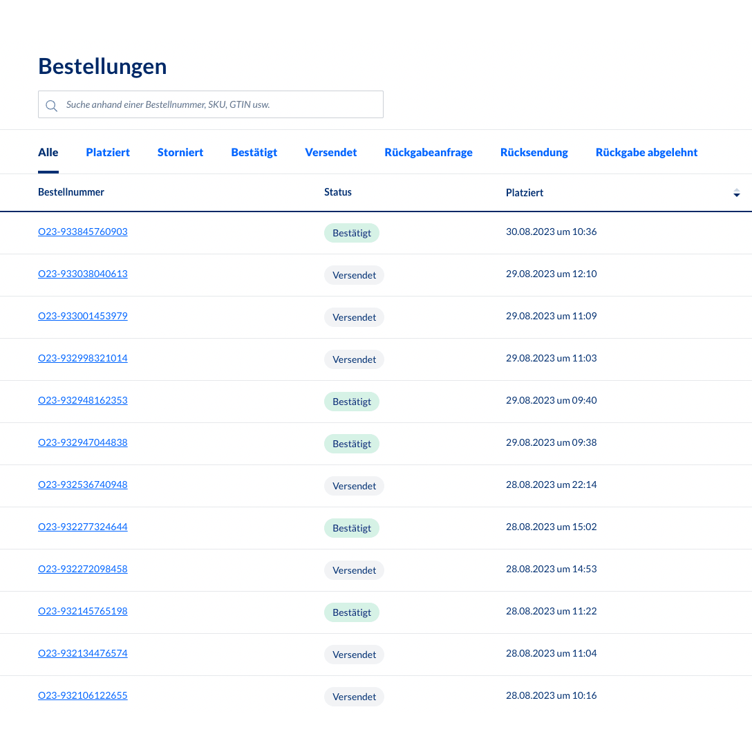 O captură de ecran a sistemului de gestionare a comenzilor din backend Altruan MetroSync: Metro Market către procesarea comenzilor Weclapp, care afișează un tabel cu numerele comenzilor și actualizările de stare. Fiecare rând conține numărul comenzii, starea, SKU, data și ora creării. Cele mai multe stări arată