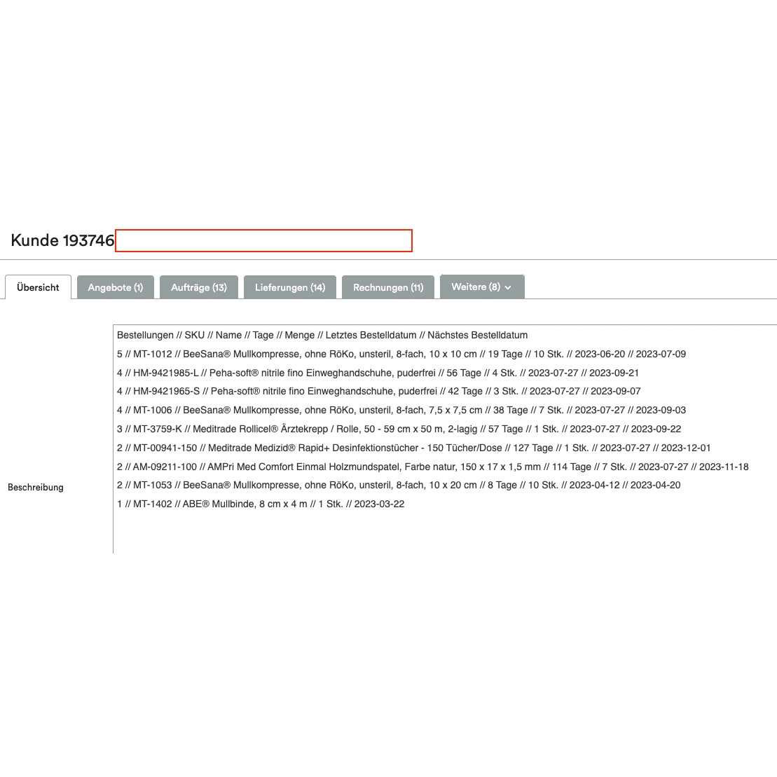 Un screenshot care arată o interfață Altruan ClientView Orders cu diferite file precum „Übersicht“, „Angebote“ și altele. În partea de sus este evidențiat numărul de client 193746. Secțiunea următoare arată Weclapp-Kundenübersicht nach gekauften Produkten.